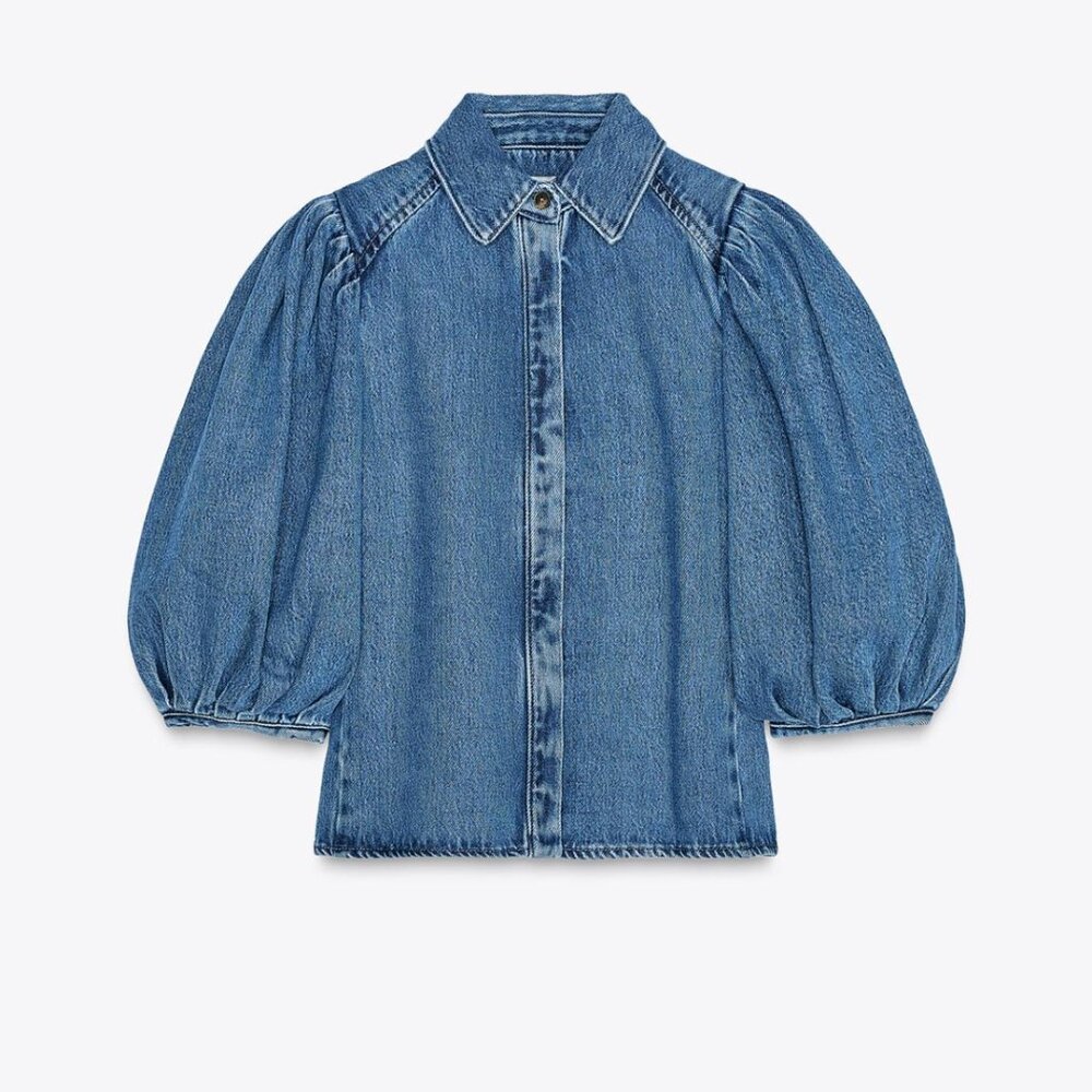 Zara ZW COLLECTION DENIM BLOUSE Puff sleeves Blue S M L NWT - Picture 10 of 15